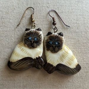 Vintage Siamese Himalayan Cat Dangle Earrings Handmade by Stefano Bali Artisans